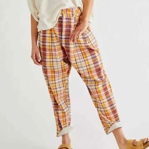 Free People Make A Stand Trousers Plaid Pleated Ankle Cropped Cotton Pant XS
